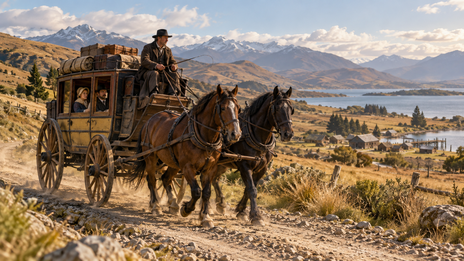 Early horse-drawn passenger coach in New Zealand