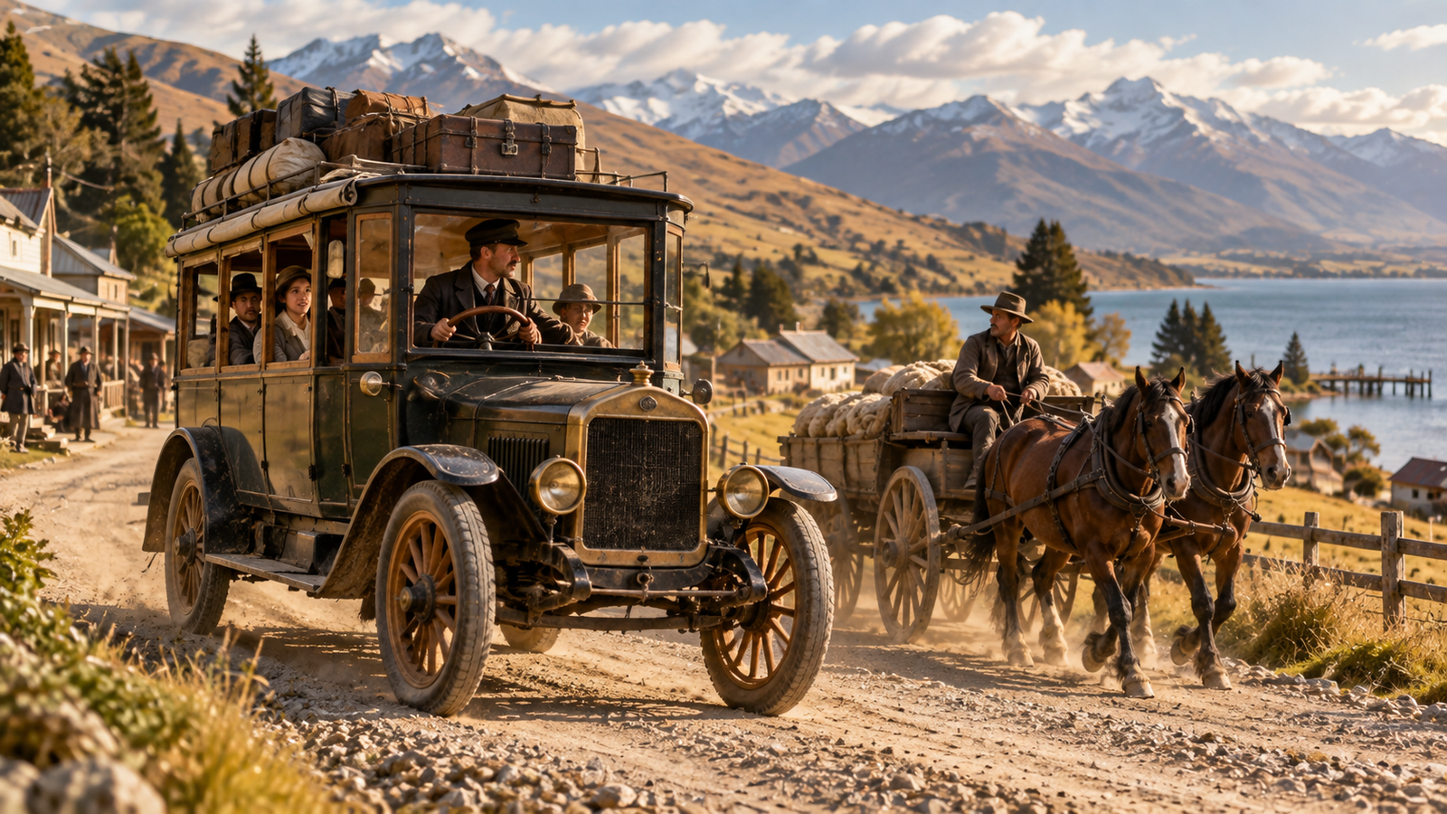 Early motor bus and service car in New Zealand