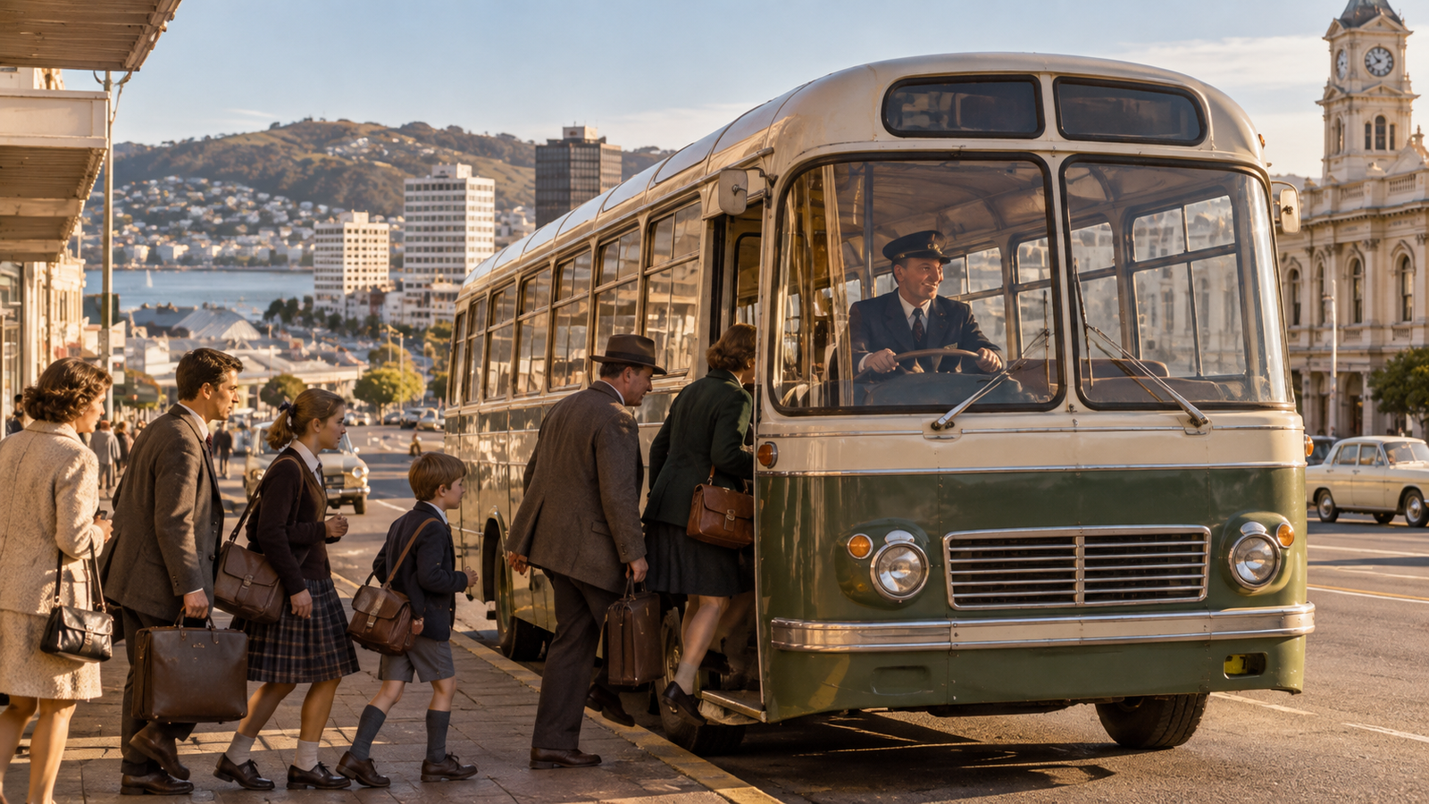 Urban New Zealand bus and driver in the 1960s to 1980s