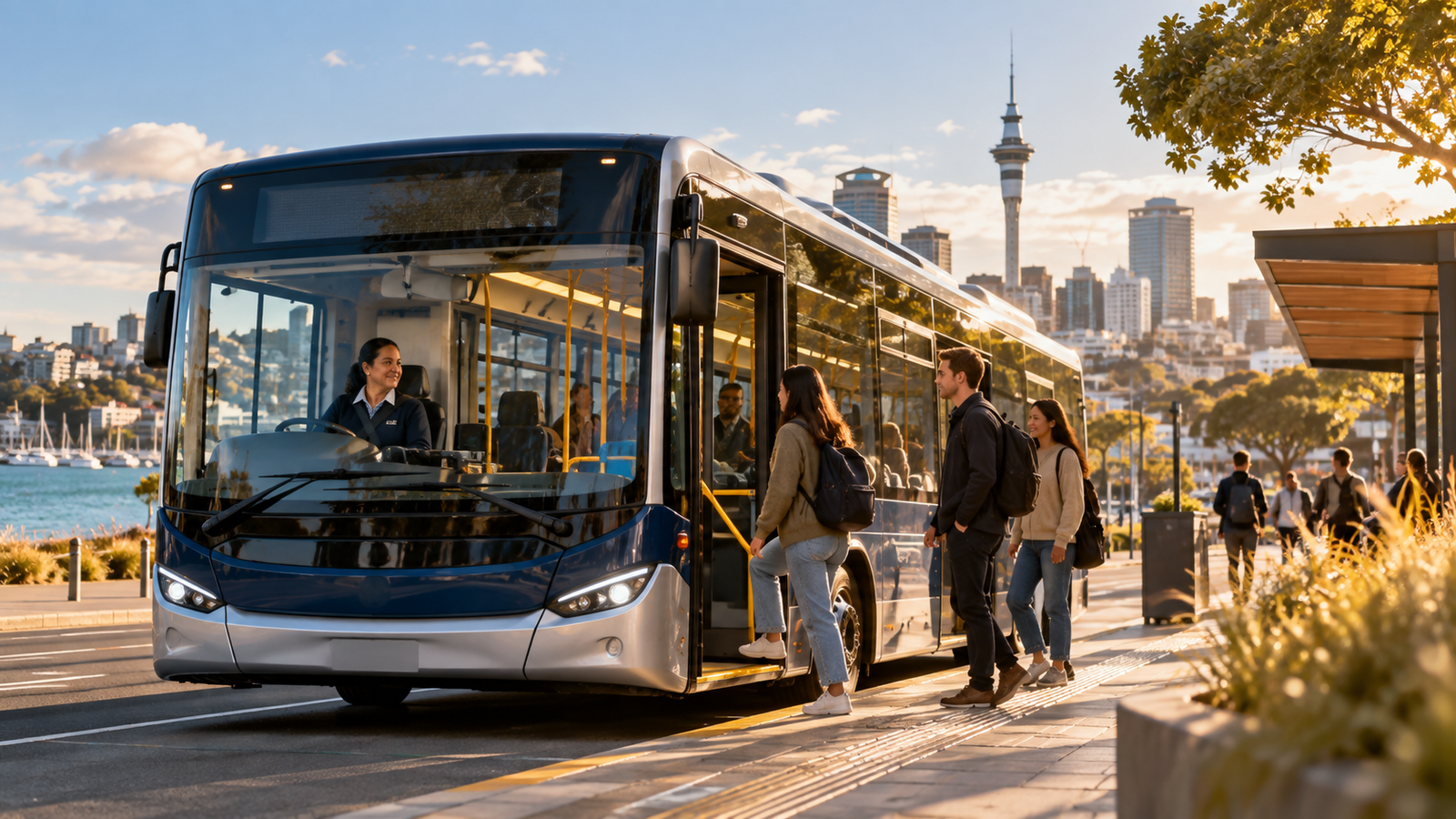Modern electric city bus and New Zealand bus driver