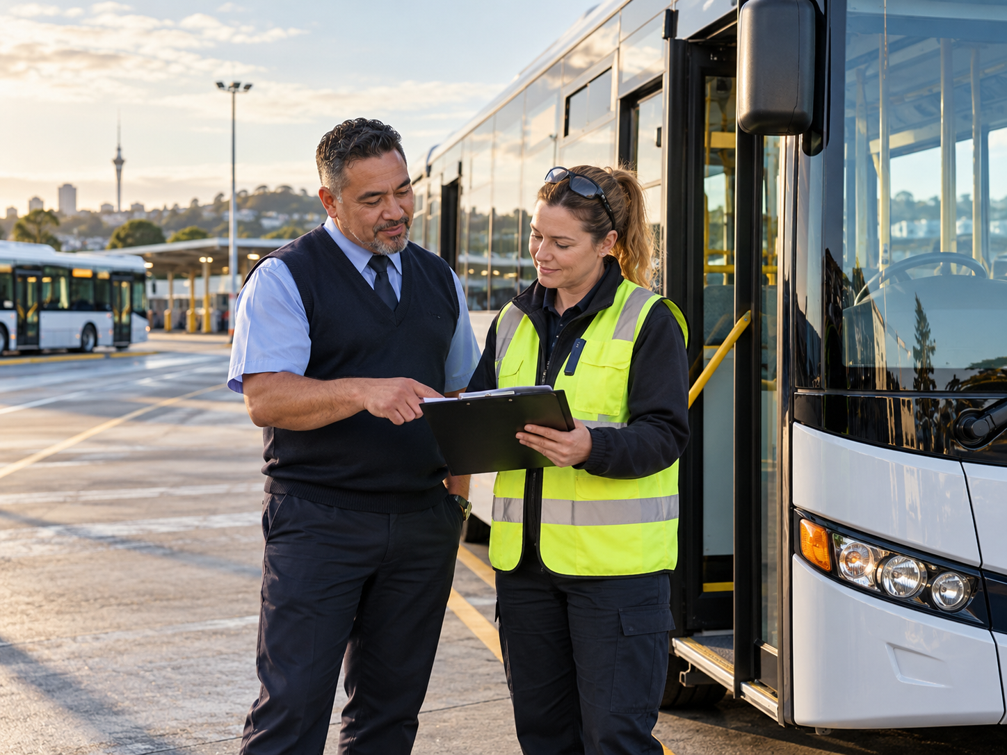 Bus driver and safety staff reviewing a vehicle safety checklist