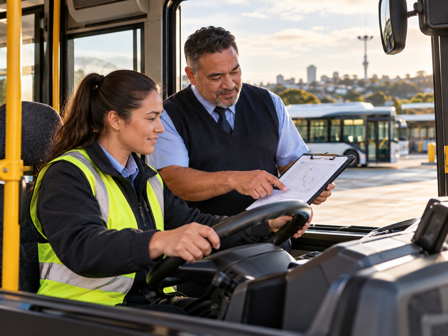 Bus driving instructor guiding a trainee driver during practical training