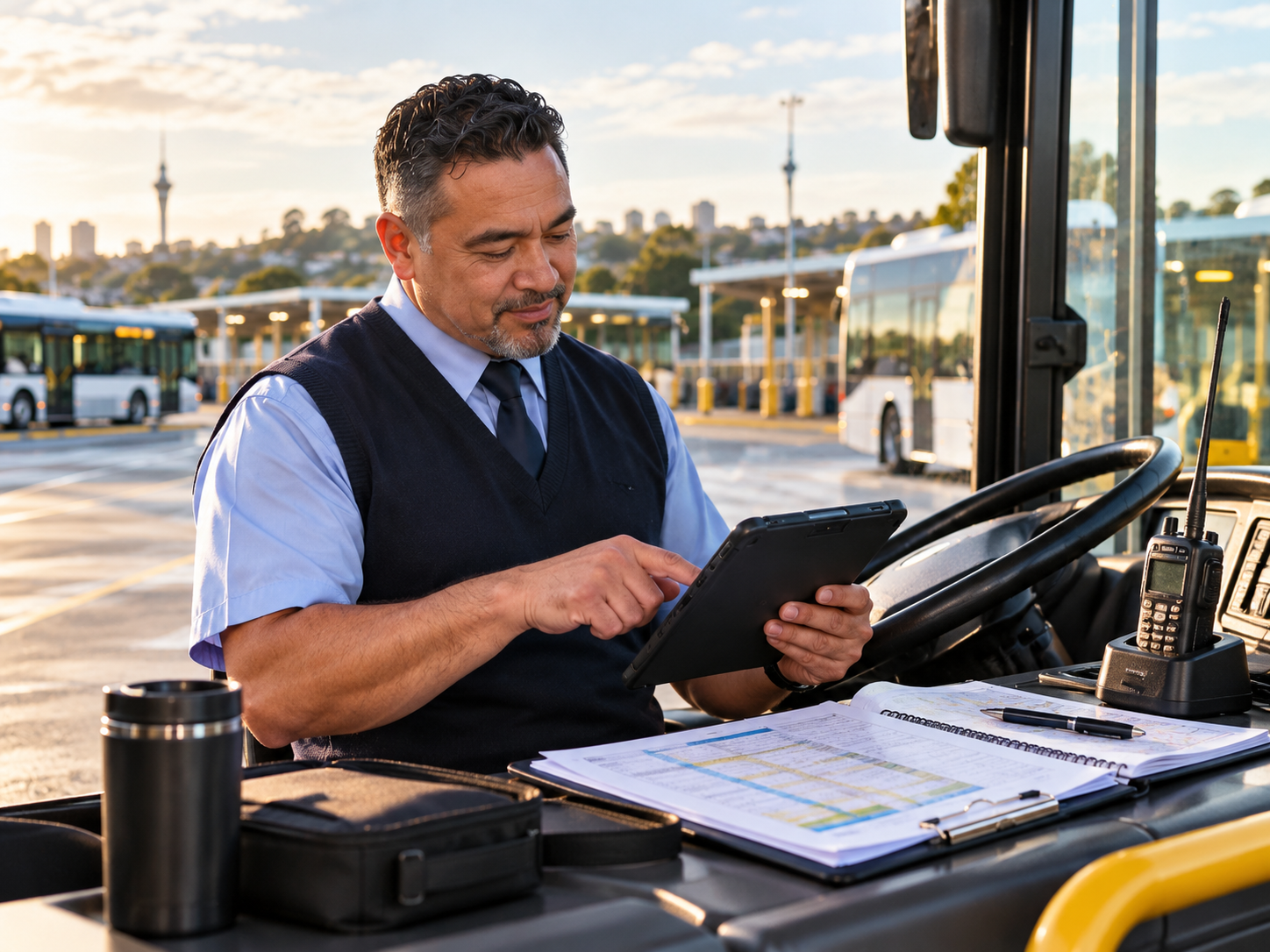 New Zealand bus driver using a tablet, timetable and communication equipment