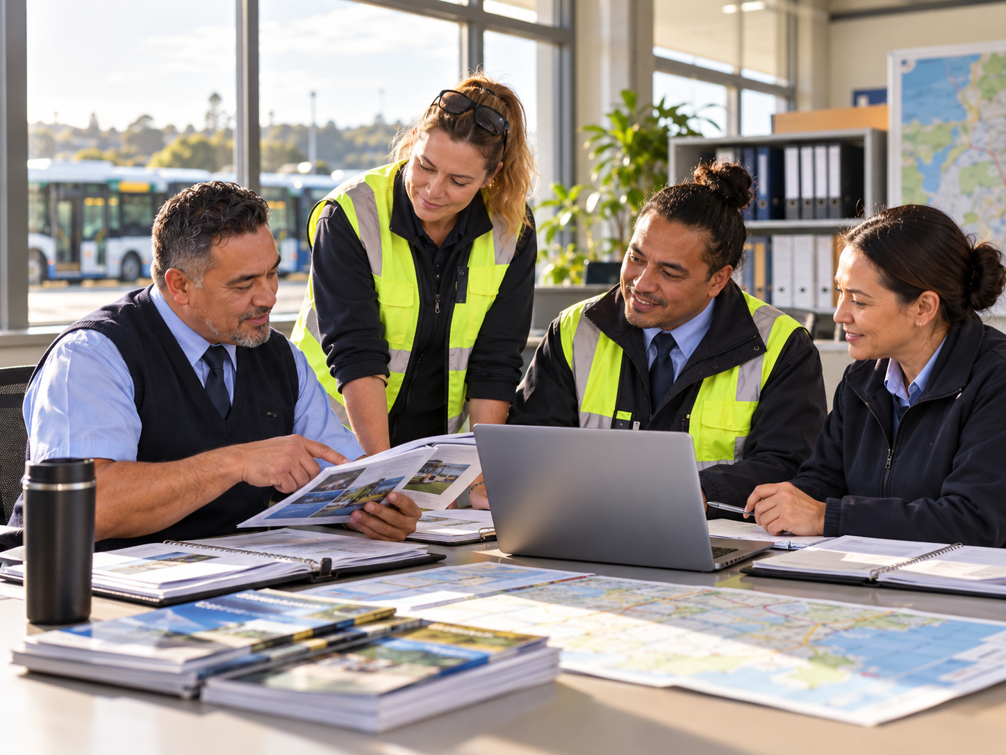 New Zealand bus industry staff reviewing maps, documents and resources together