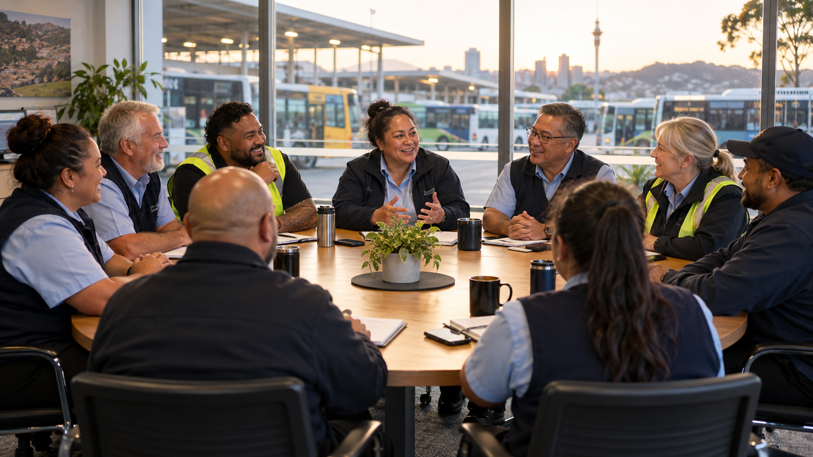 New Zealand bus drivers meeting around a round table in a bus depot
