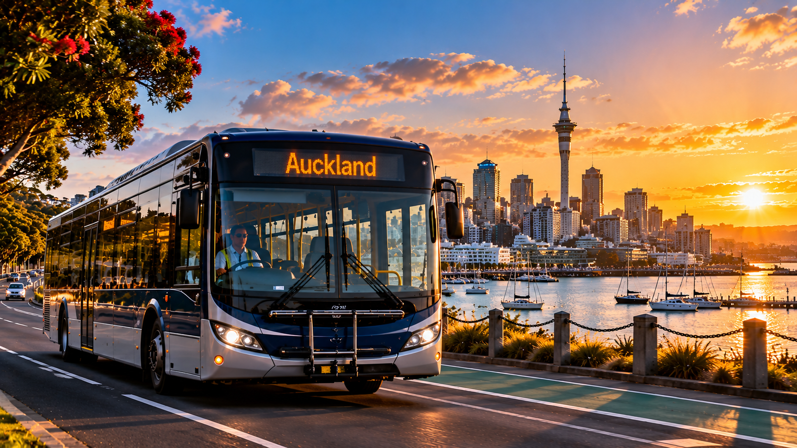 AI illustration of an Auckland city bus on the waterfront at sunset