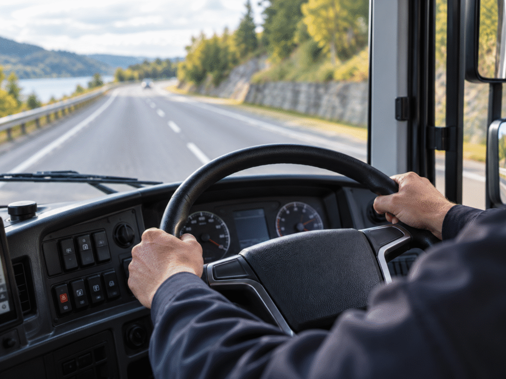 Bus driver area and steering wheel illustrating the danger of passenger interference