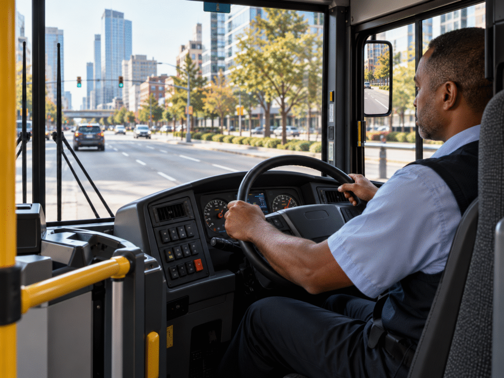 Passenger reaching toward a bus steering wheel, creating a serious safety risk