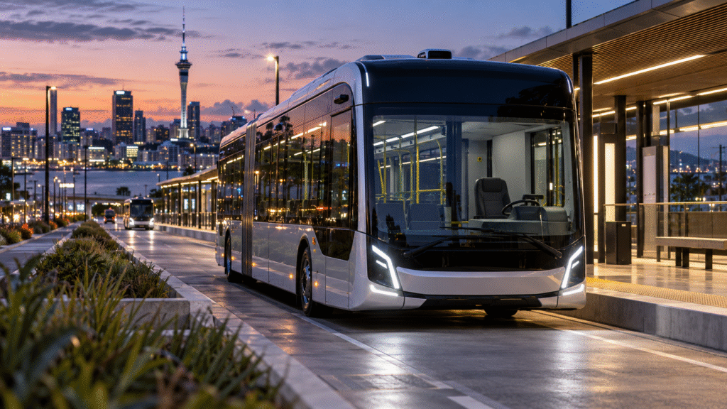 Future bus with an empty driver seat while an onboard safety operator helps passengers