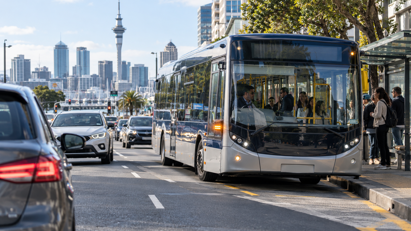 Auckland bus at a busy stop showing the importance of clear give-way signalling