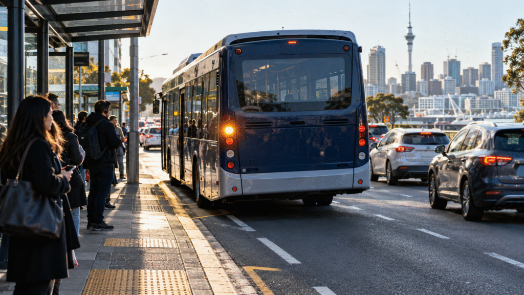 Auckland city bus indicating to leave a busy bus stop during peak traffic
