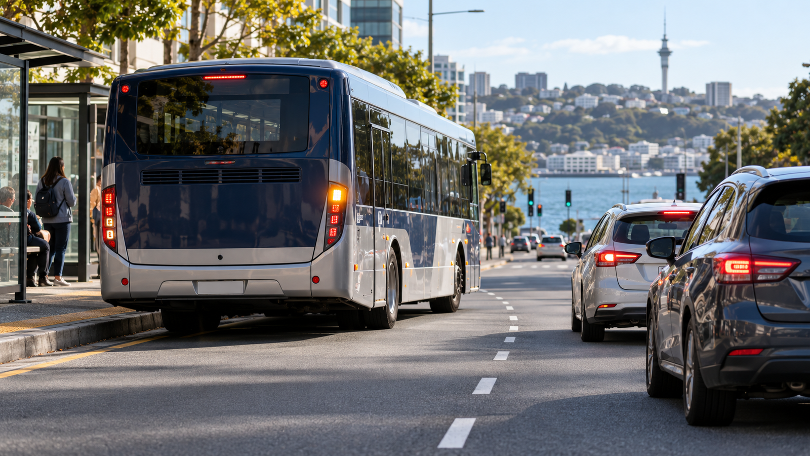 Bus indicating while nearby cars slow to allow it to merge safely into traffic