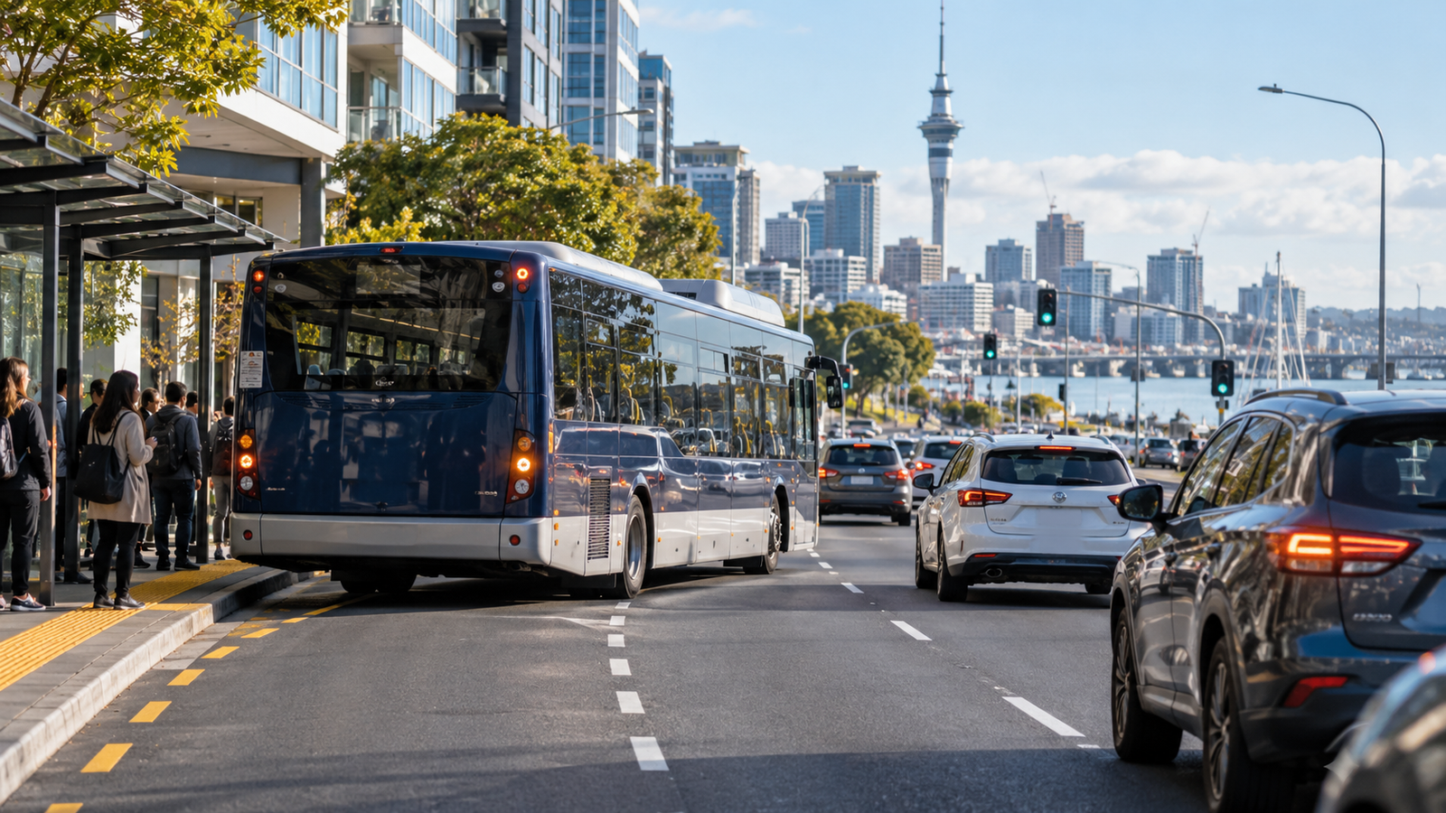 Auckland bus moving through city traffic with passengers during a busy commuting period
