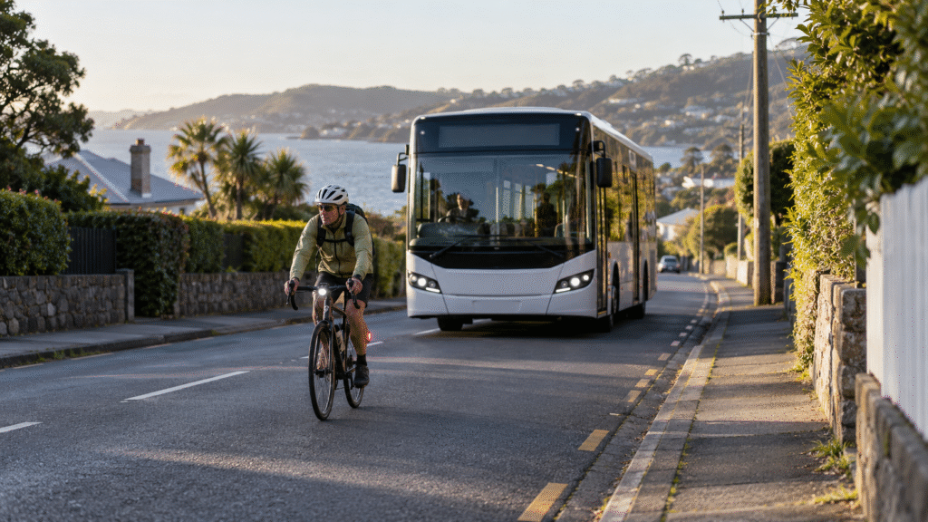 AI concept illustration: A New Zealand bus following a cyclist on a narrow suburban road.