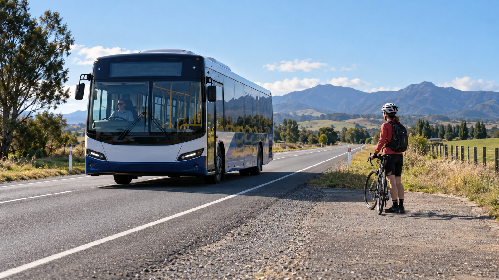 AI concept illustration: A New Zealand bus and cyclist illustrating the need for safe passing space.