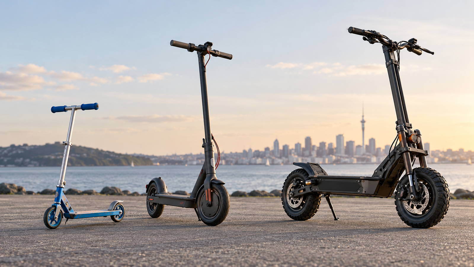 AI concept illustration: A kick scooter and electric scooters with different performance characteristics.