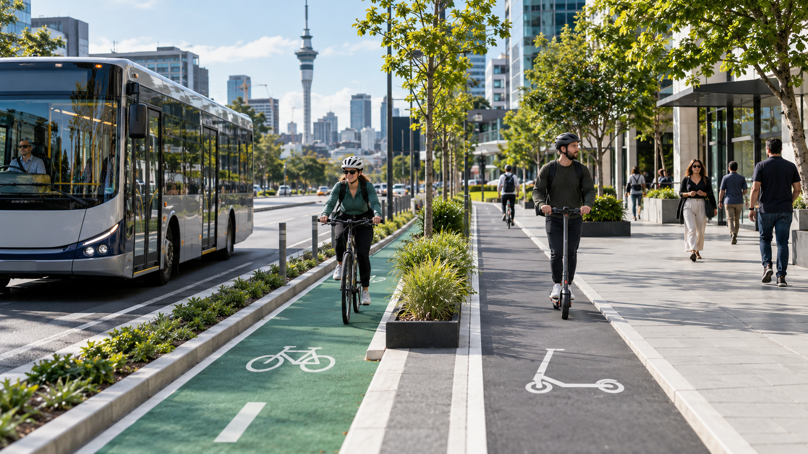 AI concept illustration: A pedestrian, scooter rider, cyclist and bus using separated road spaces.