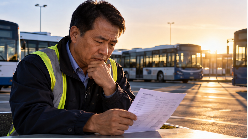 New Zealand bus driver reviewing work and pay conditions at a bus depot