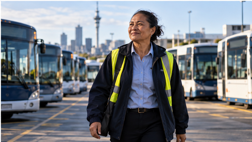 Experienced bus driver at a New Zealand depot representing workforce retention